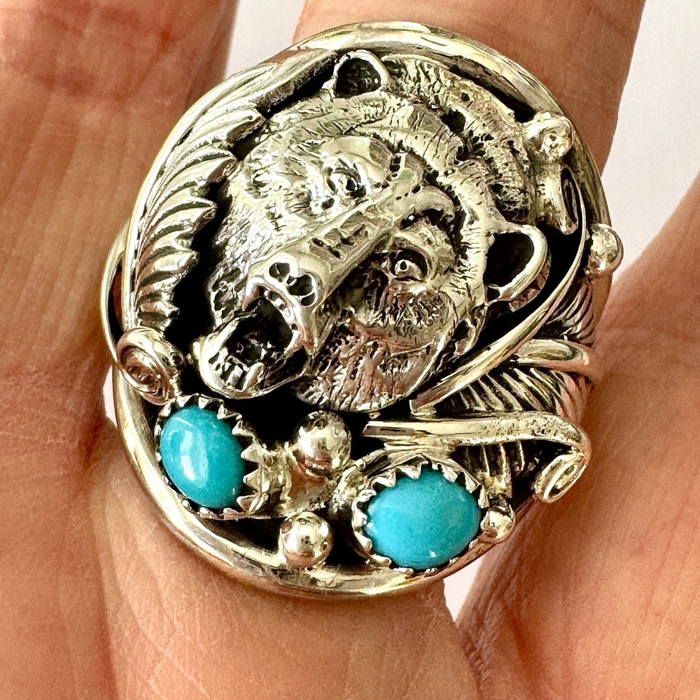 Bear Head Navajo Mens Ring Kingman Turquoise Sz 13.25 Sterling Signed Sanders